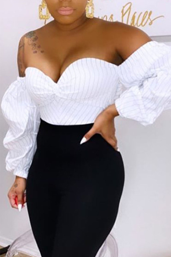 White Sexy Striped Print Patchwork Strapless T-Shirts