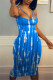 Light Blue Fashion Sexy Print Backless Spaghetti Strap Sleeveless Dress