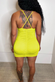 Yellow Sexy Solid Hollowed Out Pencil Skirt Dresses