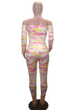 Pink Fashion Print Bandage Hollowed Out Backless Off the Shoulder Skinny Jumpsuits