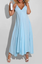 Light Blue Sexy Casual Solid Backless V Neck Sling Dress