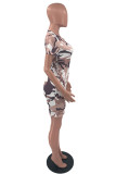 Pink Fashion Casual Camouflage Print Basic O Neck Skinny Romper