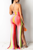 Red Sexy Print Hollowed Out Patchwork Frenulum Cardigan Halter Straight Jumpsuits