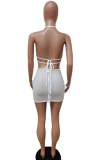 White Sexy Hot Drilling Mesh Halter Sleeveless Two Pieces