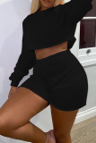 Black Casual Solid Split Joint O Neck Long Sleeve Two Pieces