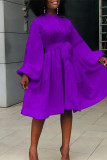 Yellow Fashion Casual Solid Bandage O Neck Long Sleeve Dresses
