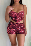 Purple Sexy Print Patchwork Asymmetrical Spaghetti Strap Sleeveless Two Pieces