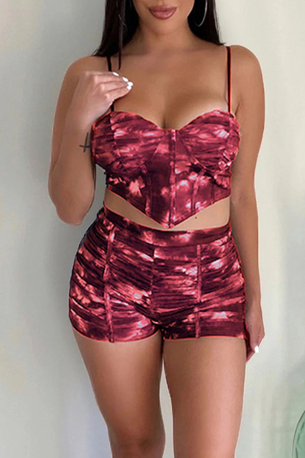 Red Sexy Print Patchwork Asymmetrical Spaghetti Strap Sleeveless Two Pieces