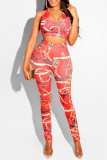 Red Sexy Casual Print Backless U Neck Sleeveless Two Pieces