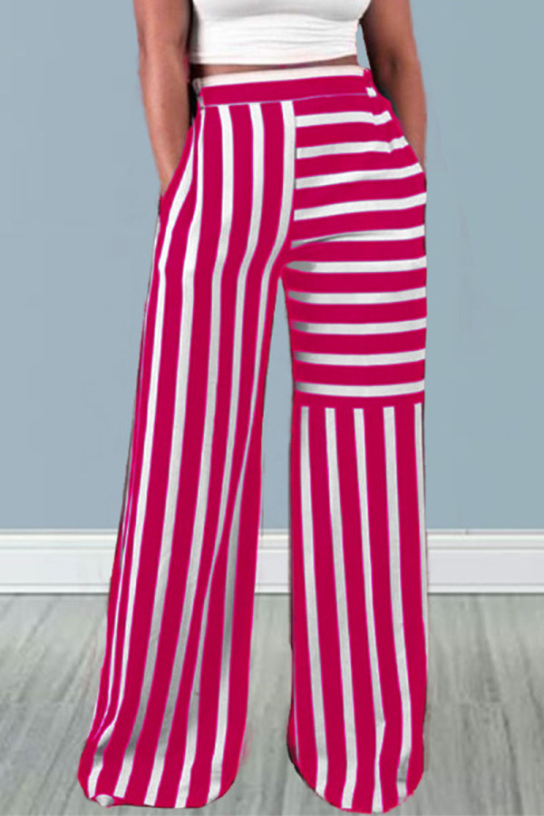 Red Casual Striped Print Patchwork Straight High Waist Straight Full Print Bottoms