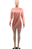 Pink Sexy Solid Patchwork Fold Asymmetrical Half A Turtleneck Irregular Dress Dresses