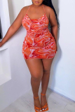 Red Sexy Print Split Joint Spaghetti Strap Pencil Skirt Plus Size Dresses