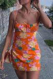 Tangerine Red Sexy Print Patchwork Spaghetti Strap Pencil Skirt Dresses