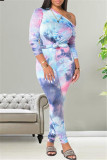 Fuchsia Fashion Casual Print Tie Dye Basic O Neck Long Sleeve Two Pieces