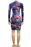Brown Sexy Print Bandage Hollowed Out Patchwork O Neck Pencil Skirt Dresses
