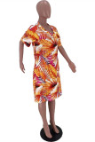 Orange Yellow Fashion Casual Print Basic V Neck Short Sleeve Dress