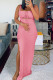 Pink Sexy Solid Hollowed Out Patchwork Frenulum High Opening Square Collar Pencil Skirt Dresses