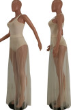 Beige Fashion Sexy Solid See-through U Neck Sleeveless Two Pieces Swimwears