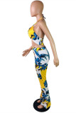 Yellow Fashion Sexy Print Backless Halter Sleeveless Two Pieces