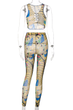 Colour Sexy Print Hollowed Out V Neck Sleeveless Two Pieces