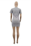 Grey Fashion Casual Plaid Print Basic O Neck Short Sleeve Dress