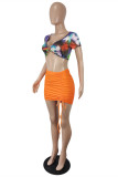 Orange Fashion Sexy Print Hollowed Out V Neck Short Sleeve Two Pieces