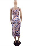 Multicolor Fashion Sexy Print Backless Slit Spaghetti Strap Sleeveless Dress