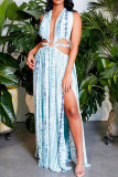 Blue Sexy Print Bandage Hollowed Out Backless Zipper Halter Beach Dresses