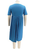 Blue Fashion Casual Plus Size Solid Basic O Neck Short Sleeve Dress (No Pocket)