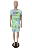 Pink Casual Patchwork Tie-dye O Neck Short Sleeve Two Pieces