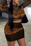 Leopard Print Sexy Print Patchwork See-through Half A Turtleneck Long Sleeve Two Pieces