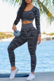 Camouflag Gray Casual Camouflage Print Patchwork U Neck Long Sleeve Two Pieces
