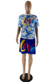 Blue Fashion Casual Print Basic O Neck Short Sleeve Two Pieces