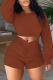 Coffee Casual Solid Patchwork O Neck Long Sleeve Two Pieces