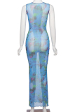 Blue Sexy Print Patchwork O Neck Pencil Skirt Dresses