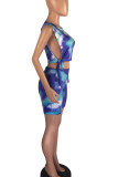 Blue Casual Print Bandage Patchwork O Neck Sleeveless Two Pieces
