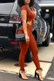 Tangerine Red Fashion Casual Solid Draw String V Neck Short Sleeve Two Pieces