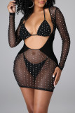 Apricot Sexy Patchwork Hot Drilling Hollowed Out See-through Long Sleeve Dress Three-piece Set