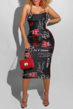 Red Sexy Print Patchwork Spaghetti Strap Pencil Skirt Dresses