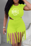 Orange Fashion Casual Letter Print Tassel O Neck Short Sleeve Two Pieces