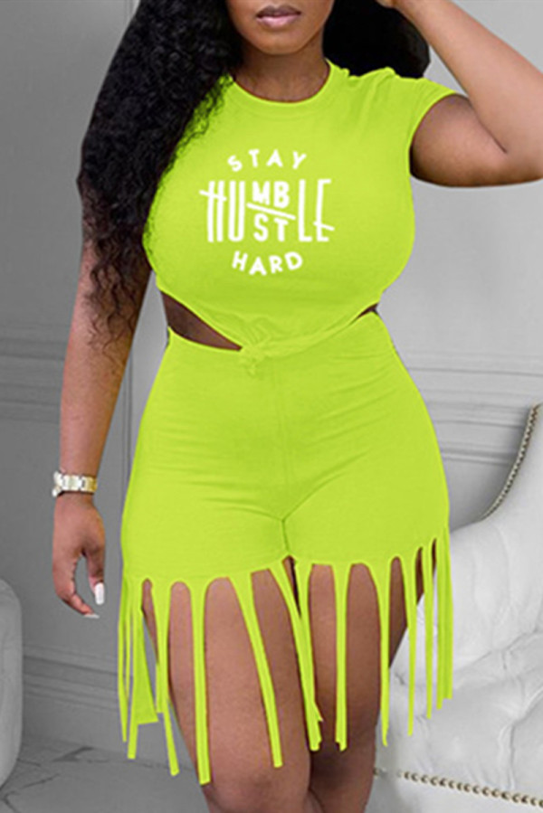 Fluorescent Green Fashion Casual Letter Print Tassel O Neck Short Sleeve Two Pieces