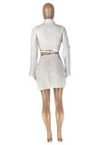 White Fashion Sexy Solid Bandage Asymmetrical V Neck Long Sleeve Two Pieces