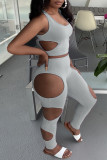 Pink Fashion Sexy Solid Hollowed Out U Neck Sleeveless Two Pieces
