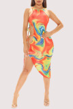 Multicolor Fashion Sexy Print Hollowed Out Frenulum O Neck Irregular Dress