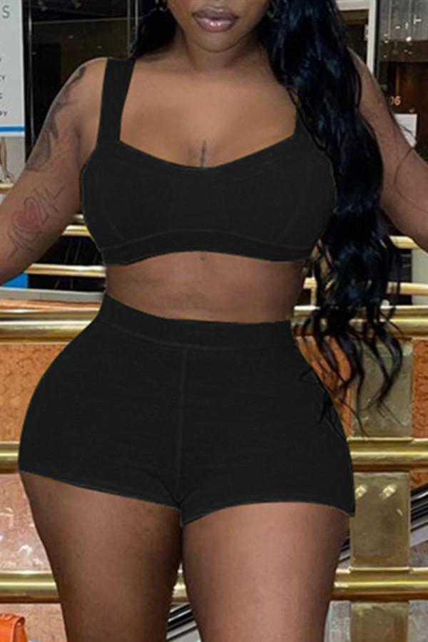 Black Sexy Casual Solid Backless Square Collar Sleeveless Two Pieces