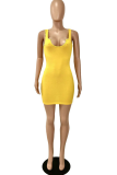Yellow Sexy Solid Split Joint U Neck Pencil Skirt Dresses