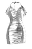 Silver Fashion Sexy Solid Backless Fold Halter Sling Dress