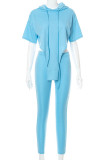 Blue Sportswear Solid Patchwork Asymmetrical Hooded Collar Half Sleeve Two Pieces
