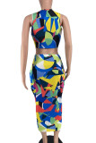 Blue Sexy Print Split Joint Draw String Fold O Neck Pencil Skirt Plus Size Two Pieces