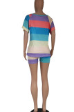 Pink Casual Letter Striped Print Patchwork O Neck Short Sleeve Two Pieces